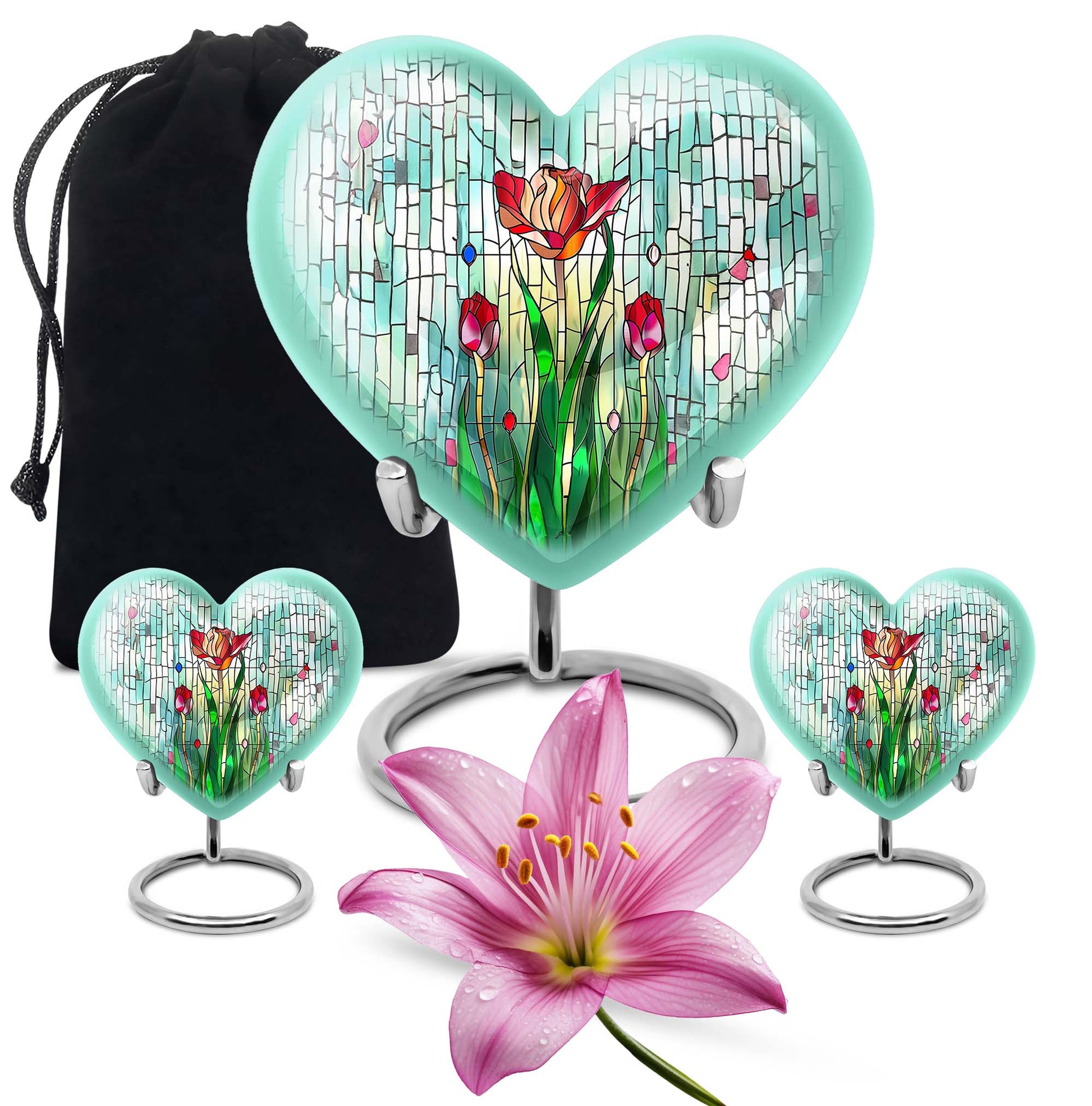 10-inch heart-shaped stained glass urn for cremation ashes, with personal engraving option