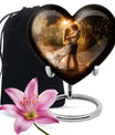 Abstract theme heart-shaped dancing cremation urn for men, with velvety pouch for ashes