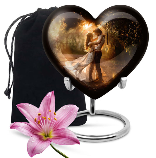 Abstract theme heart-shaped dancing cremation urn for men, with velvety pouch for ashes