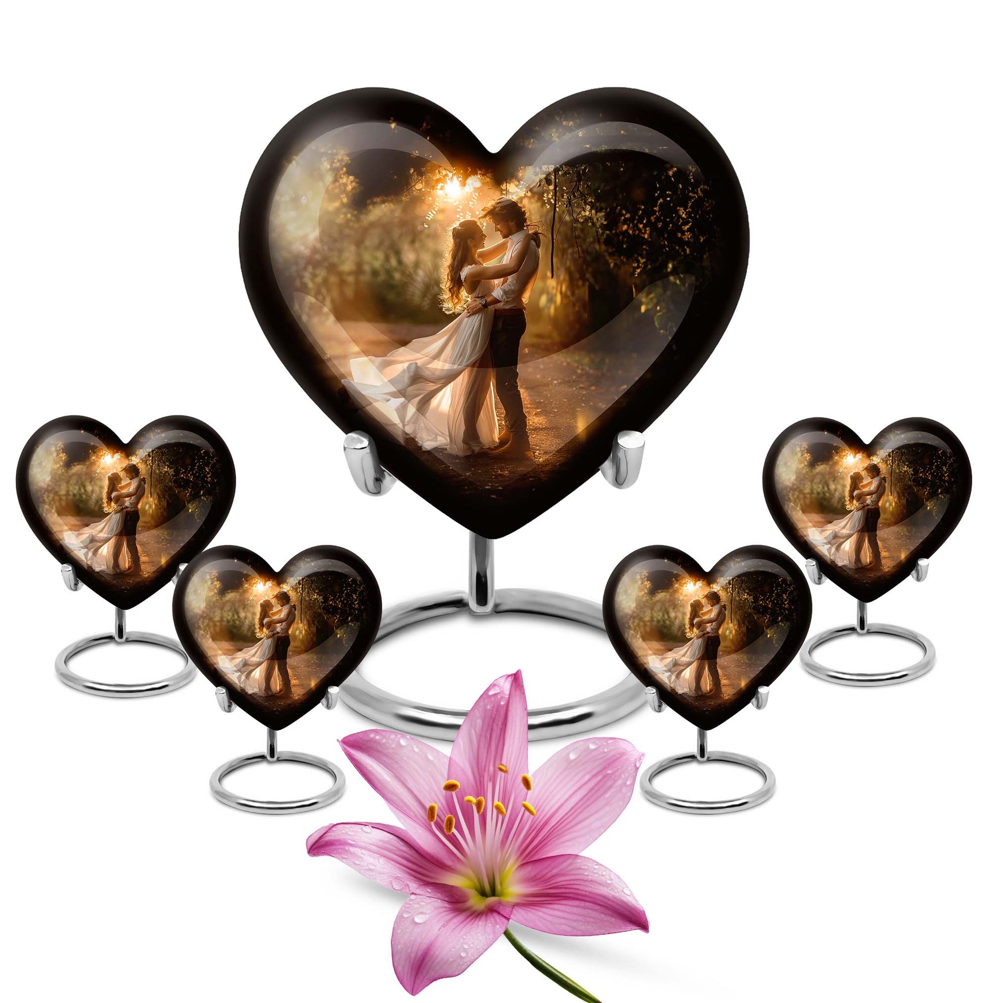 Abstract theme heart-shaped dancing cremation urn for men, with velvety pouch for ashes