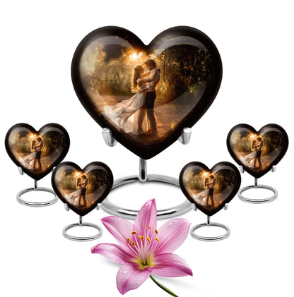 Abstract theme heart-shaped dancing cremation urn for men, with velvety pouch for ashes