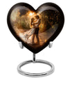 Abstract theme heart-shaped dancing cremation urn for men, with velvety pouch for ashes