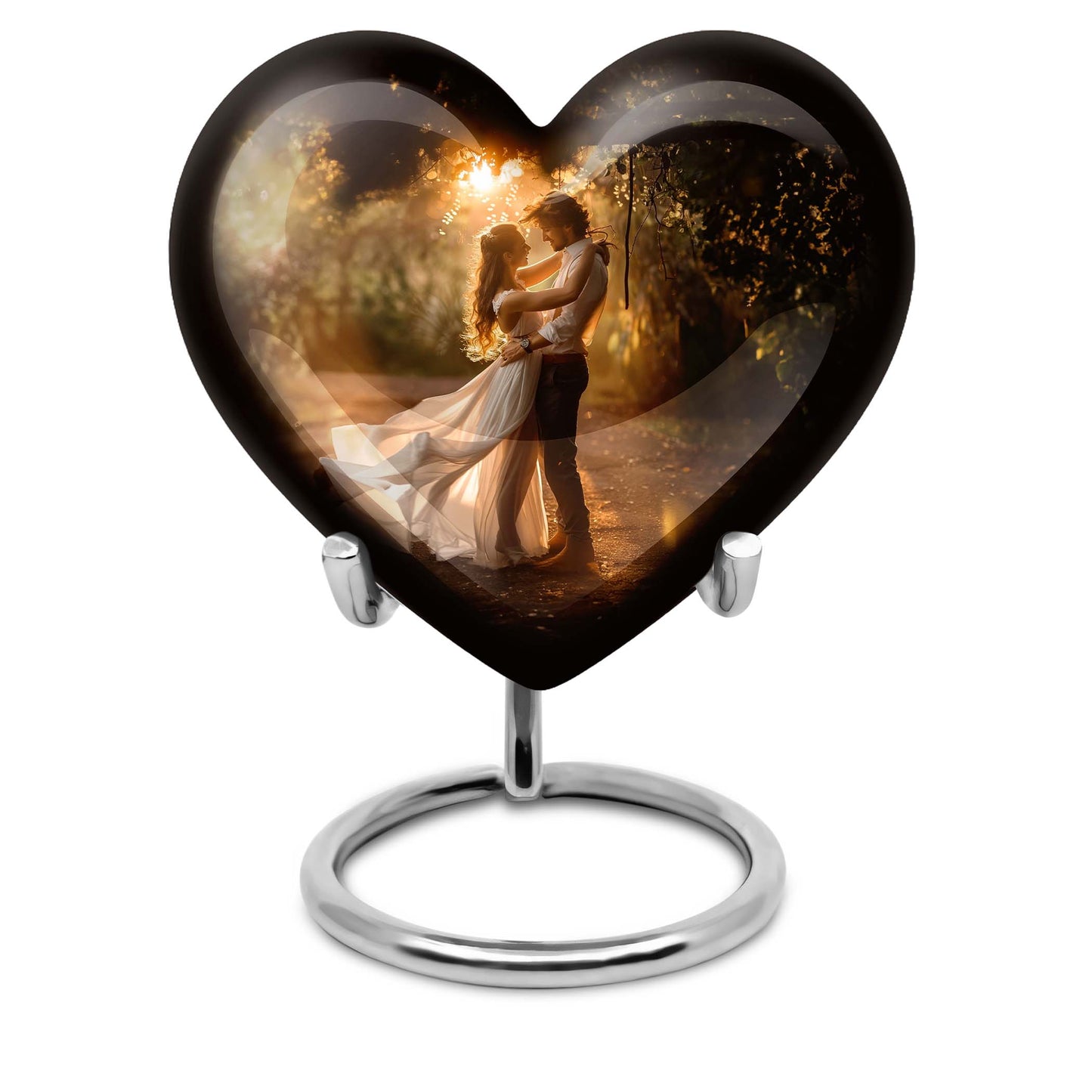 Abstract theme heart-shaped dancing cremation urn for men, with velvety pouch for ashes