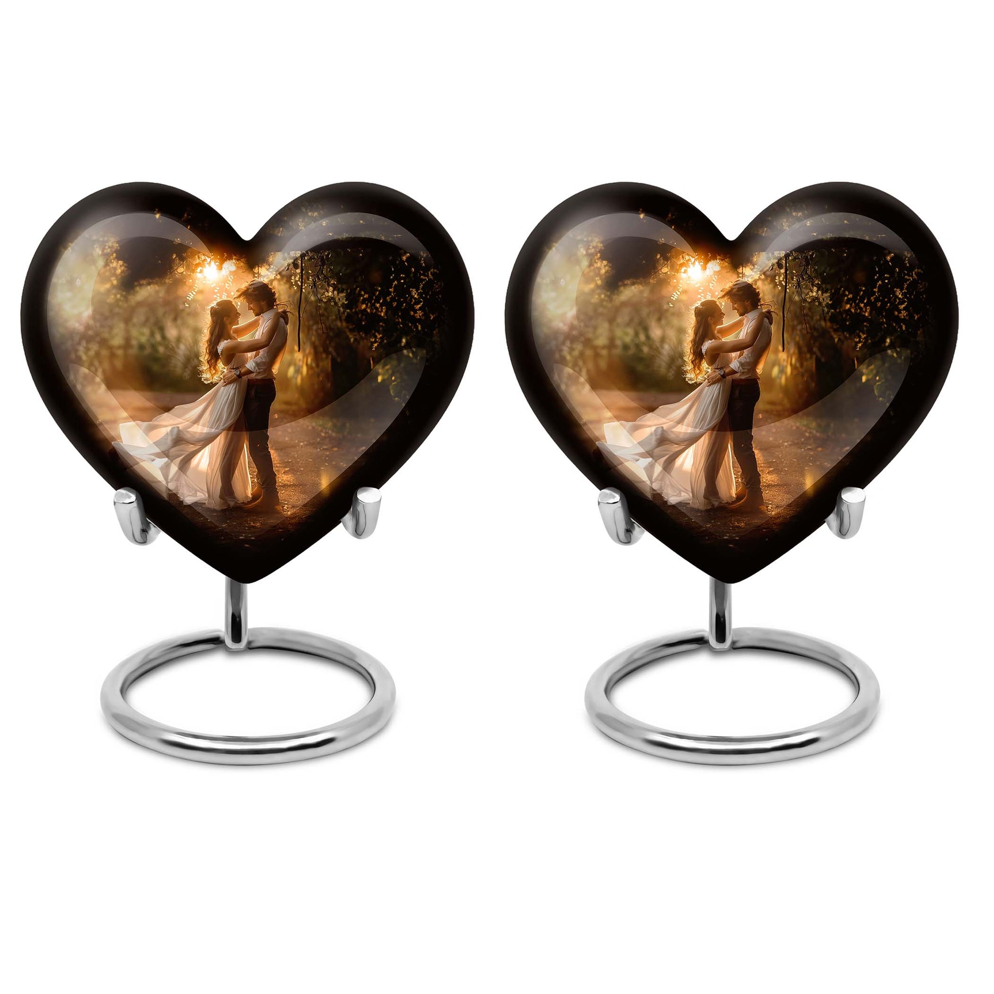 Abstract theme heart-shaped dancing cremation urn for men, with velvety pouch for ashes