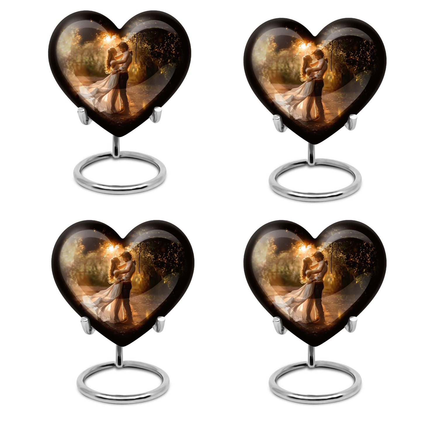 Abstract theme heart-shaped dancing cremation urn for men, with velvety pouch for ashes
