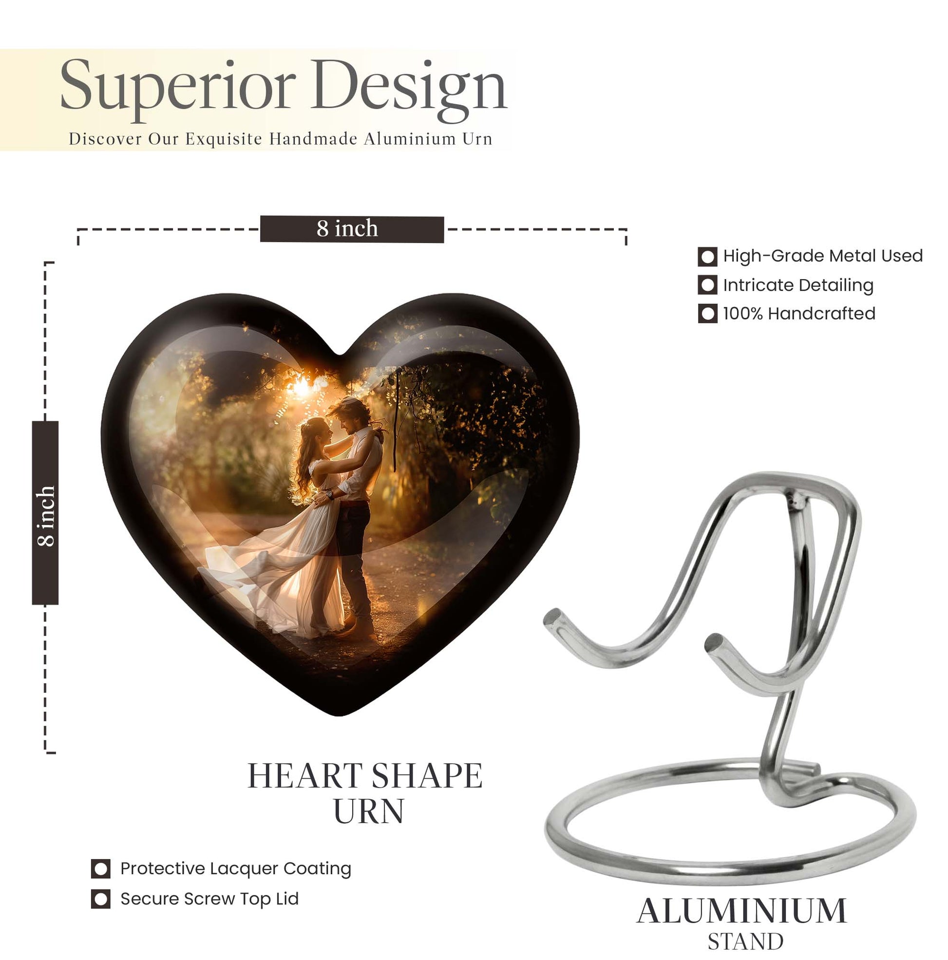 Abstract theme heart-shaped dancing cremation urn for men, with velvety pouch for ashes