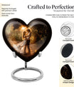 Abstract theme heart-shaped dancing cremation urn for men, with velvety pouch for ashes