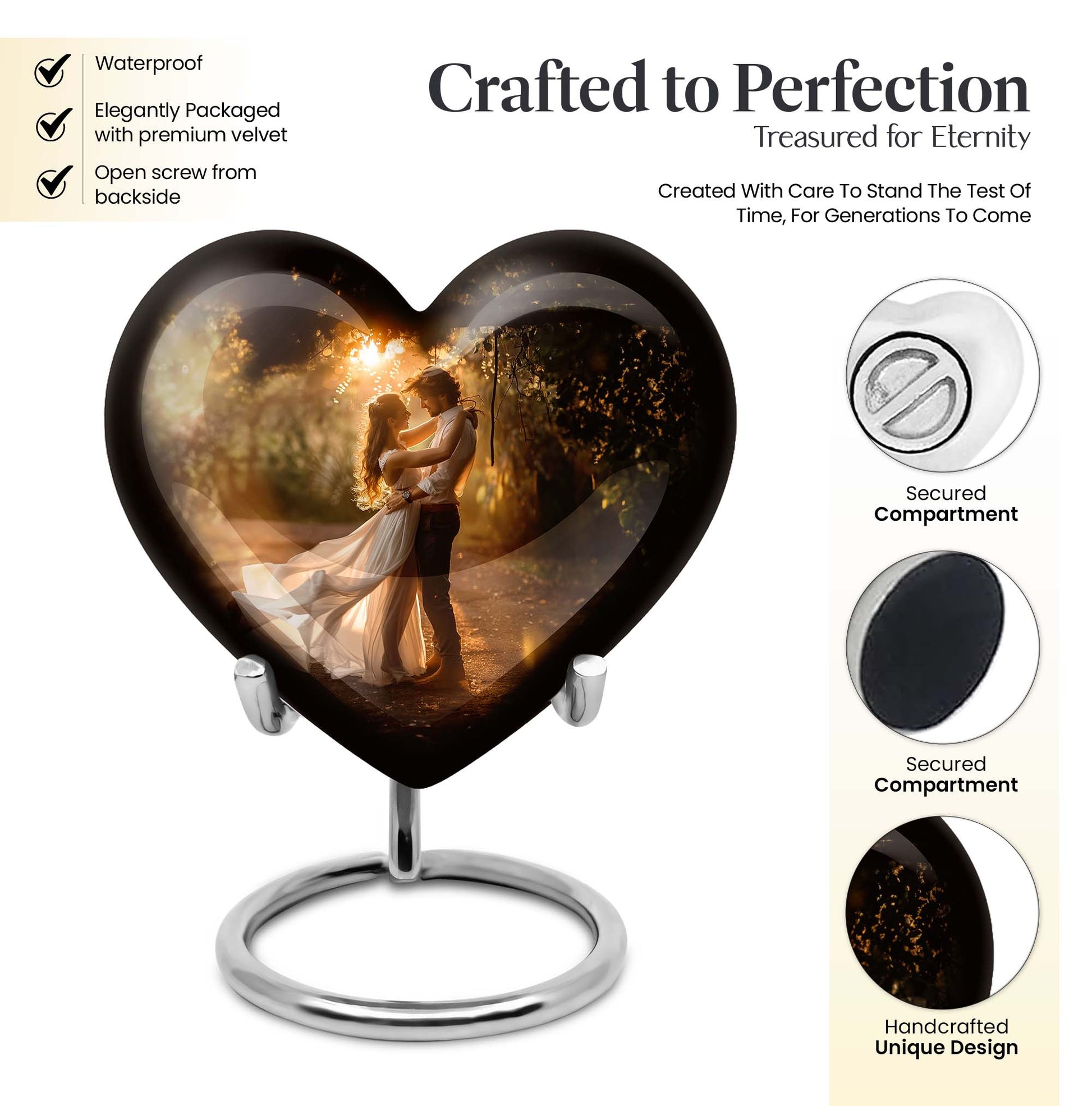 Abstract theme heart-shaped dancing cremation urn for men, with velvety pouch for ashes