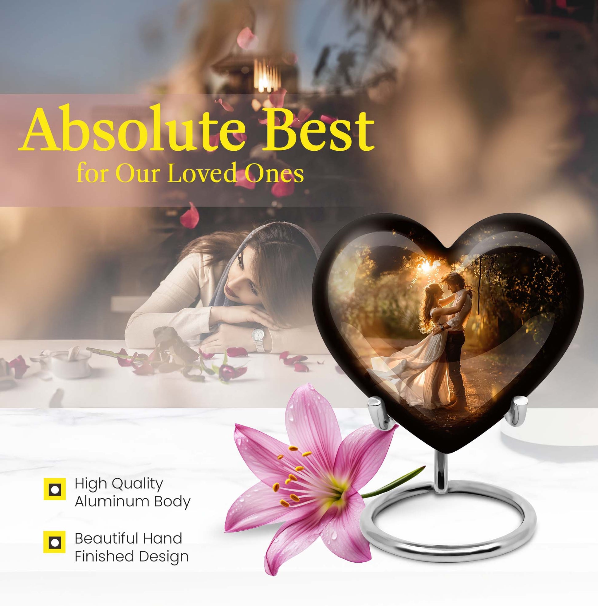Abstract theme heart-shaped dancing cremation urn for men, with velvety pouch for ashes