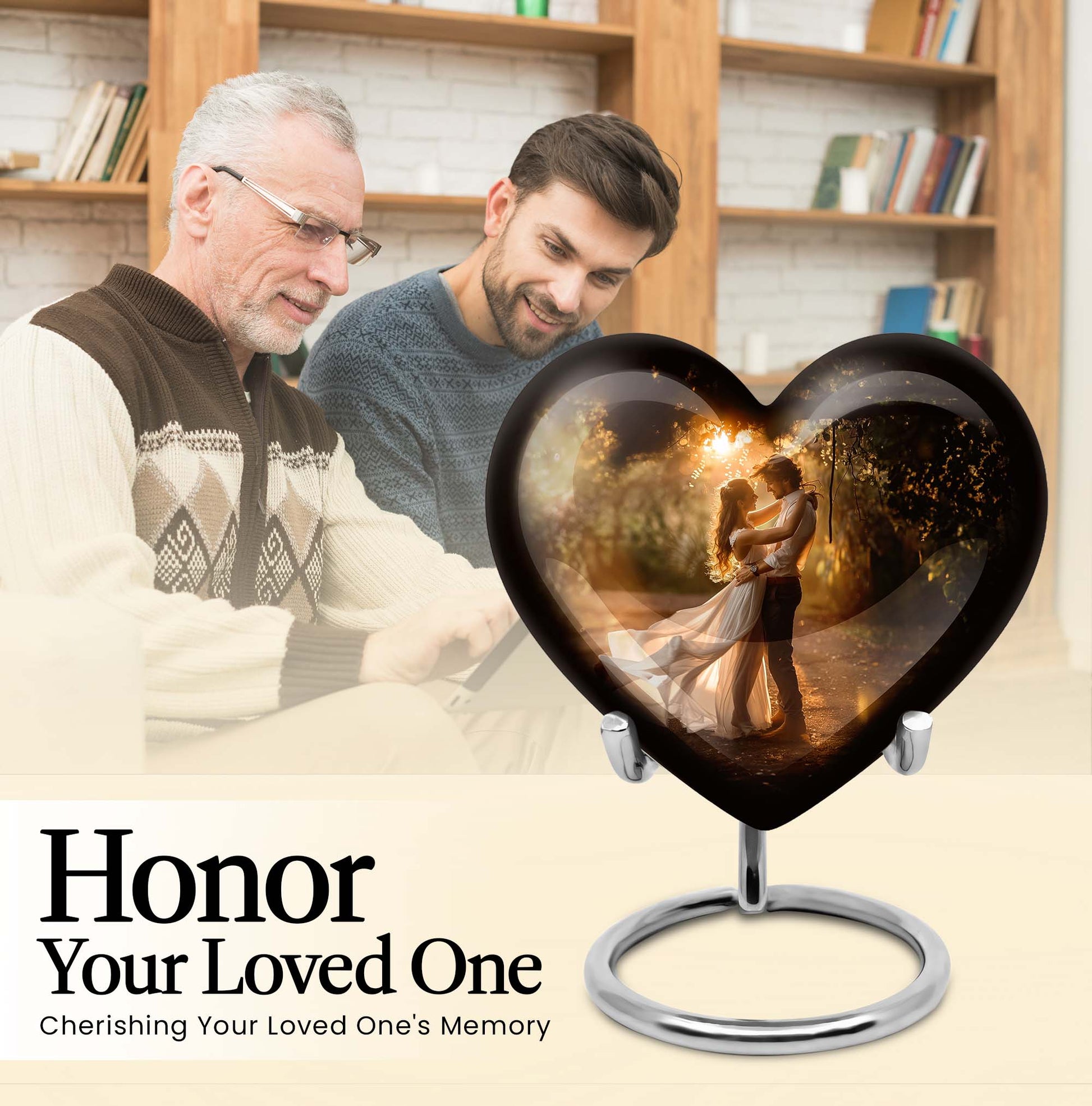 Abstract theme heart-shaped dancing cremation urn for men, with velvety pouch for ashes