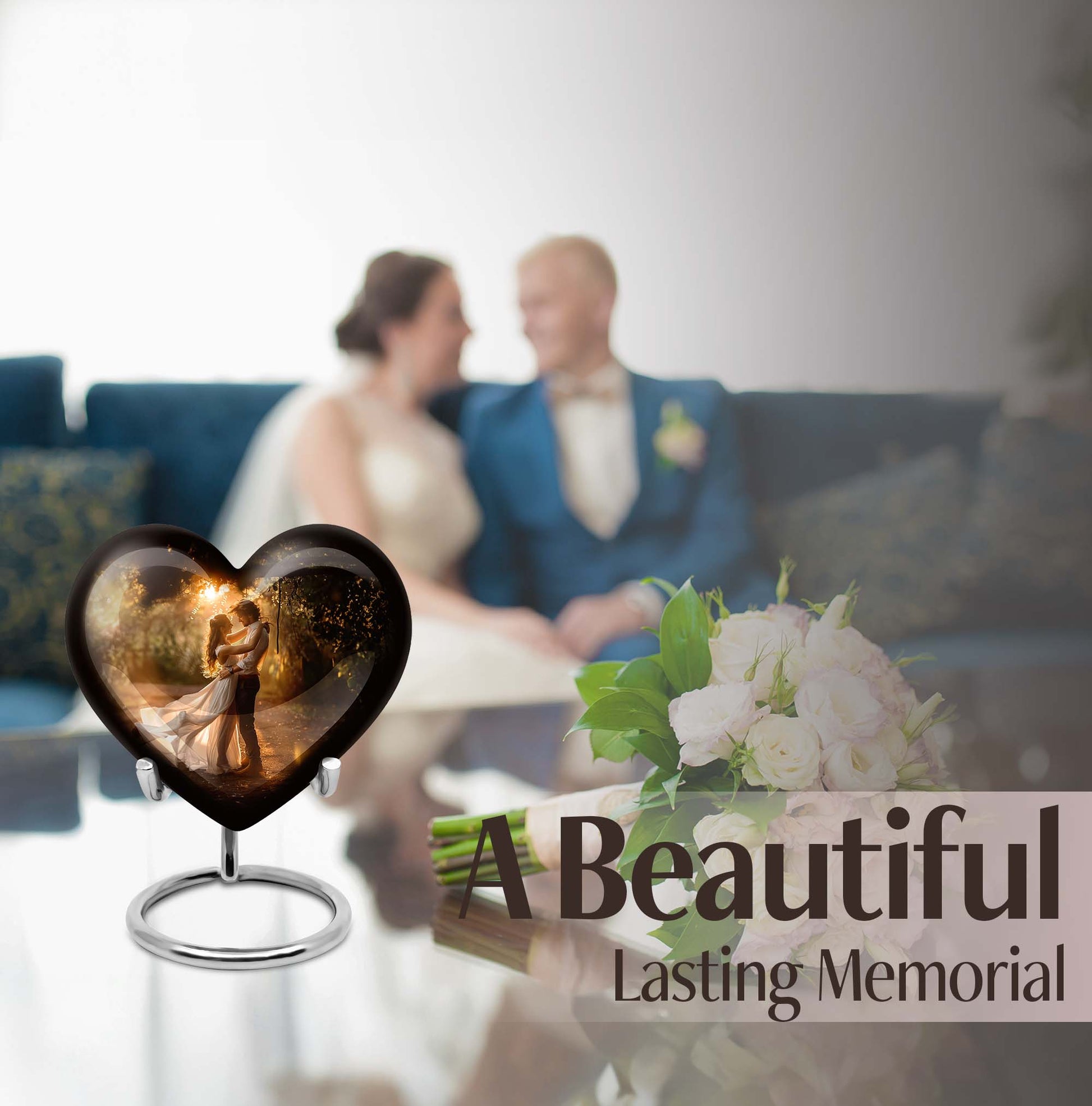 Abstract theme heart-shaped dancing cremation urn for men, with velvety pouch for ashes