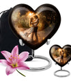 Abstract theme heart-shaped dancing cremation urn for men, with velvety pouch for ashes