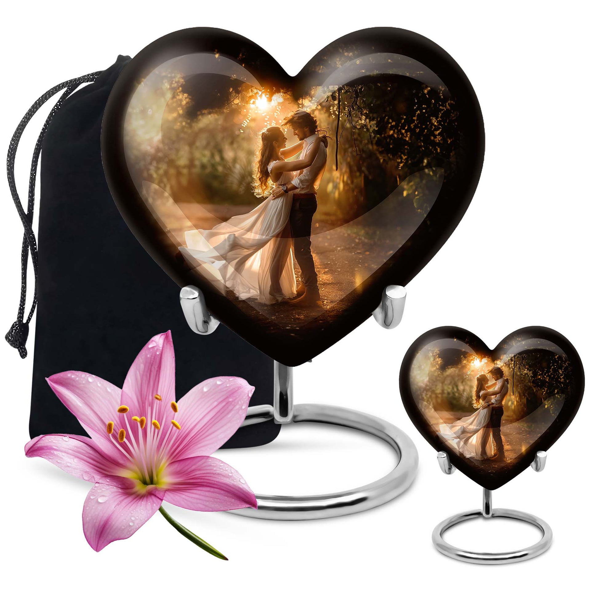 Abstract theme heart-shaped dancing cremation urn for men, with velvety pouch for ashes