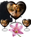 Abstract theme heart-shaped dancing cremation urn for men, with velvety pouch for ashes