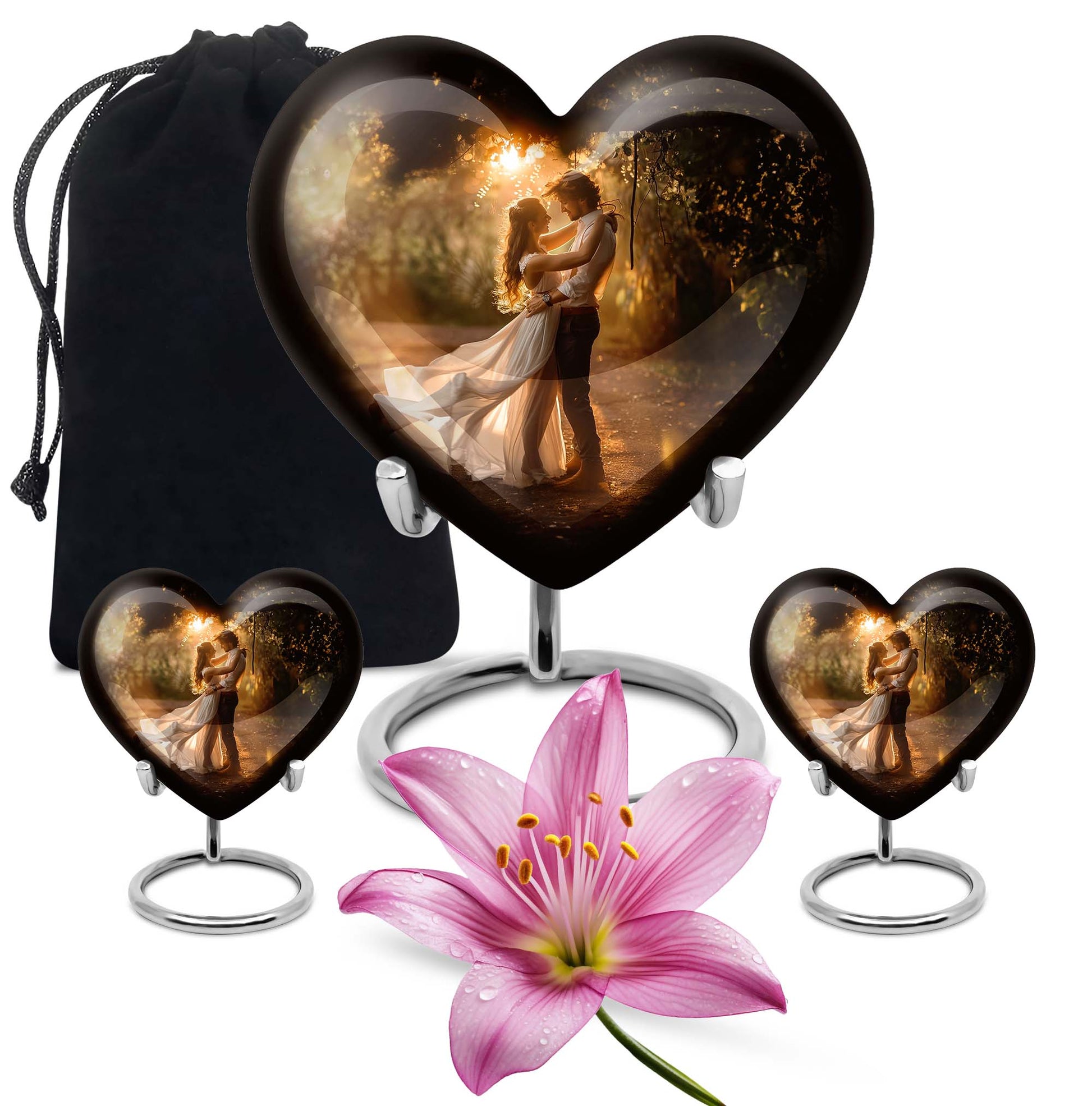 Abstract theme heart-shaped dancing cremation urn for men, with velvety pouch for ashes