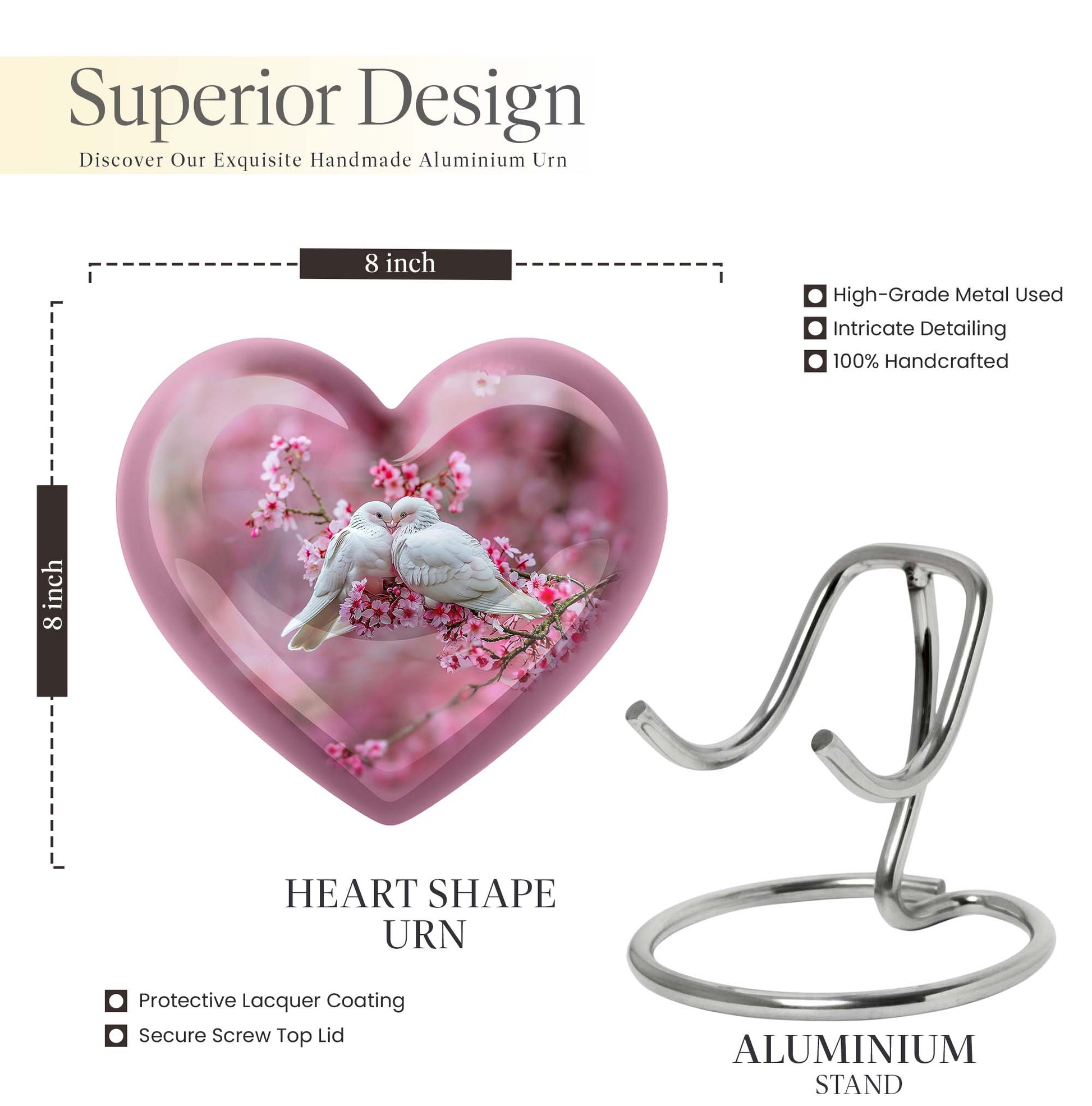 10-inch heart shaped dove cremation urn in aluminum