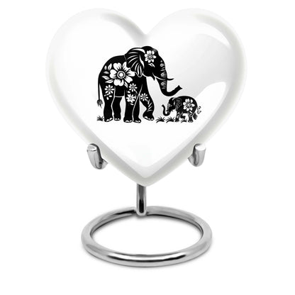 Elephant Urn for Human Ashes, White Urn with Black Floral Elephant and Calf, Memorial Urn