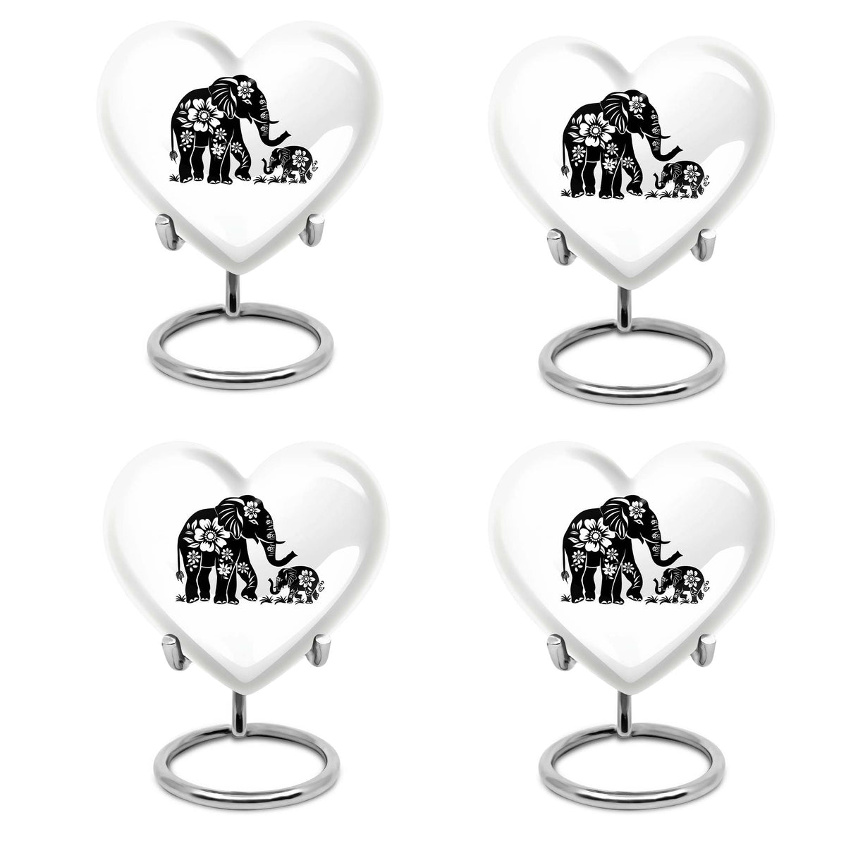 Elephant Urn for Human Ashes, White Urn with Black Floral Elephant and Calf, Memorial Urn
