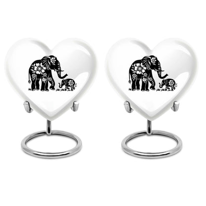 Elephant Urn for Human Ashes, White Urn with Black Floral Elephant and Calf, Memorial Urn