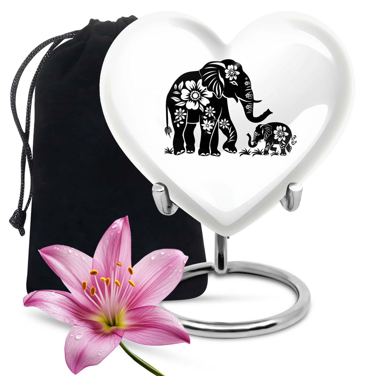 Elephant Urn for Human Ashes, White Urn with Black Floral Elephant and Calf, Memorial Urn