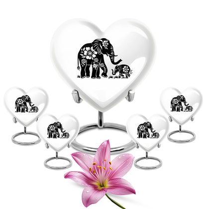 Elephant Urn for Human Ashes, White Urn with Black Floral Elephant and Calf, Memorial Urn