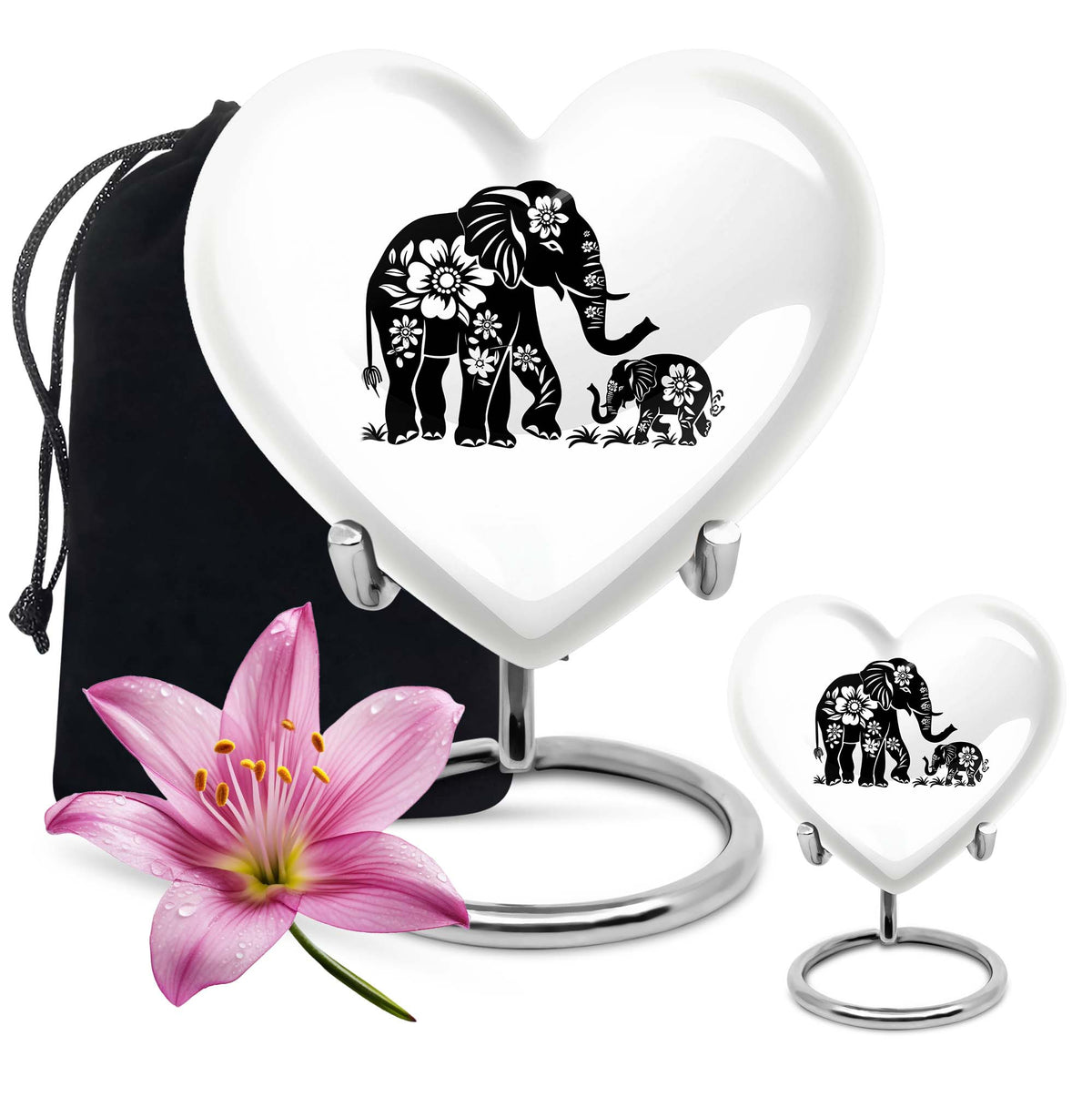 Elephant Urn for Human Ashes, White Urn with Black Floral Elephant and Calf, Memorial Urn