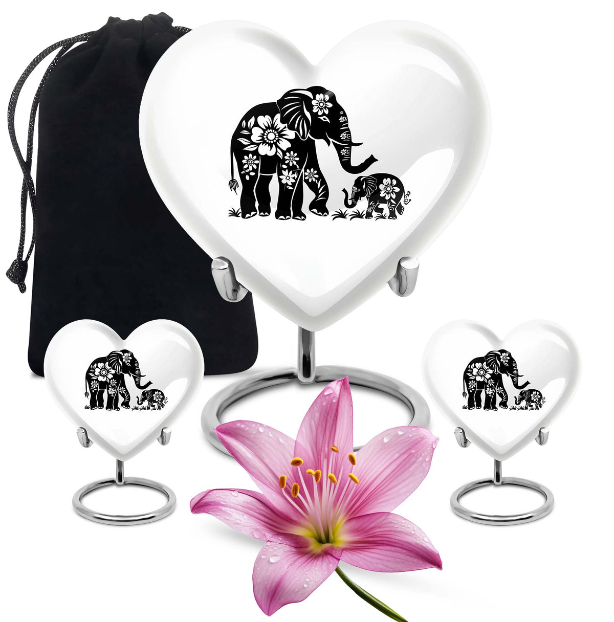 Elephant Urn for Human Ashes, White Urn with Black Floral Elephant and Calf, Memorial Urn