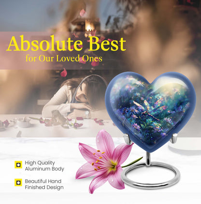 10-inch Cosmic Dragonfly Heart Urn for ashes, Aluminium construction with velvet pouch