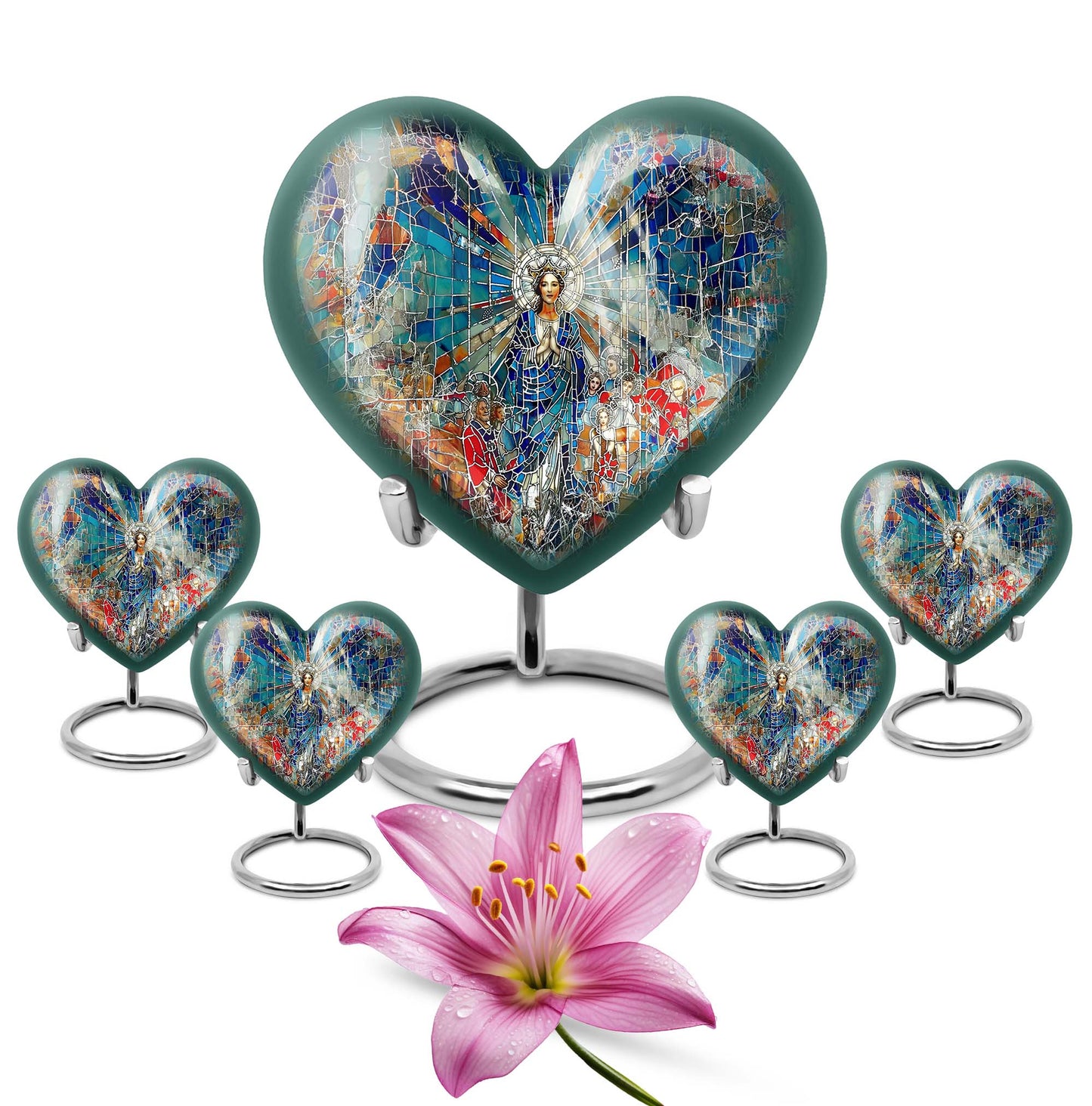 Abstract heart-design 10-inch stained glass memorial burial urn, perfect for personalized engraving