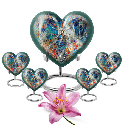 Abstract heart-design 10-inch stained glass memorial burial urn, perfect for personalized engraving