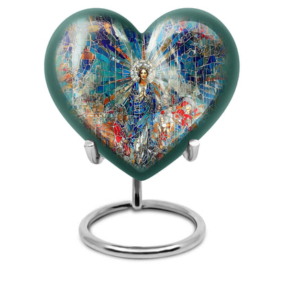 Abstract heart-design 10-inch stained glass memorial burial urn, perfect for personalized engraving
