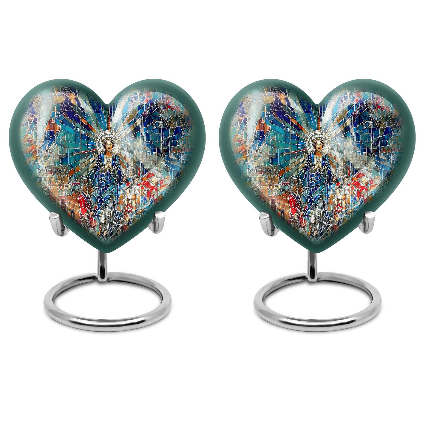 Abstract heart-design 10-inch stained glass memorial burial urn, perfect for personalized engraving