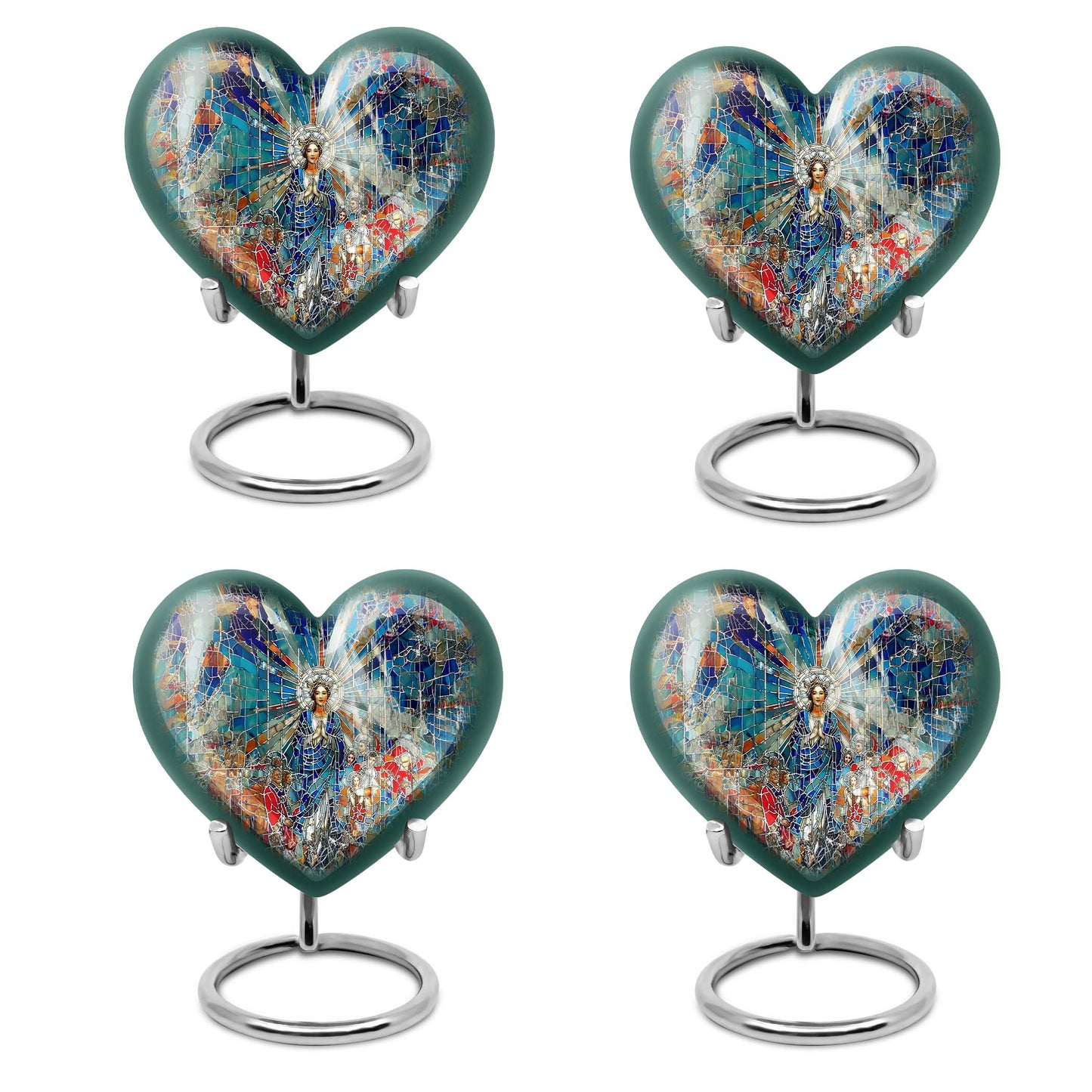 Abstract heart-design 10-inch stained glass memorial burial urn, perfect for personalized engraving