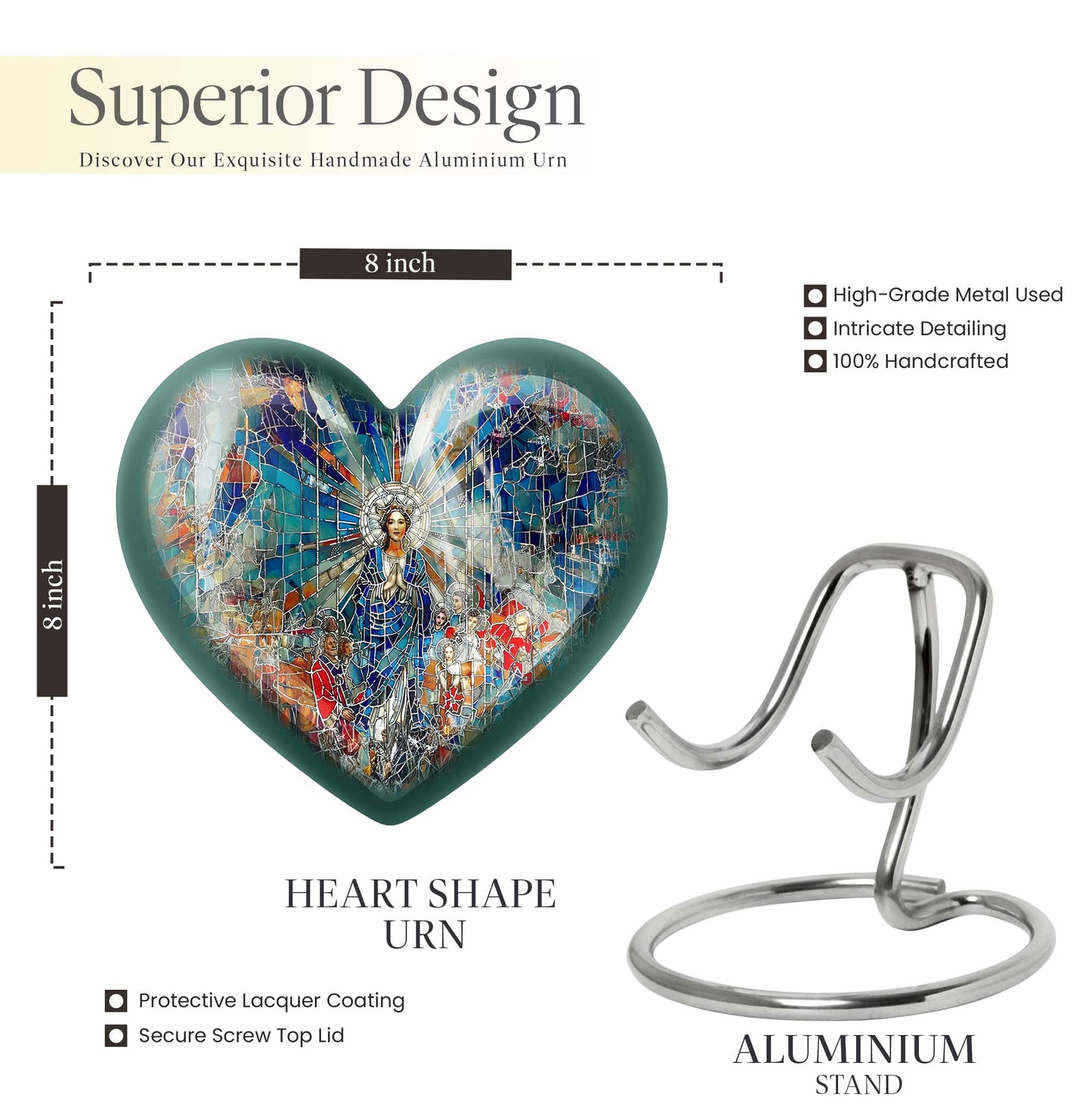 Abstract heart-design 10-inch stained glass memorial burial urn, perfect for personalized engraving