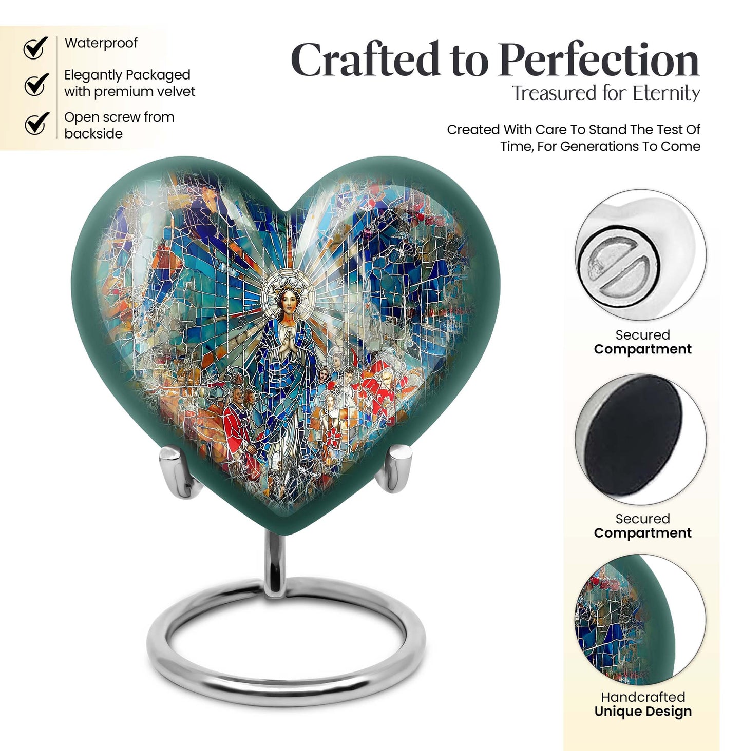 Abstract heart-design 10-inch stained glass memorial burial urn, perfect for personalized engraving