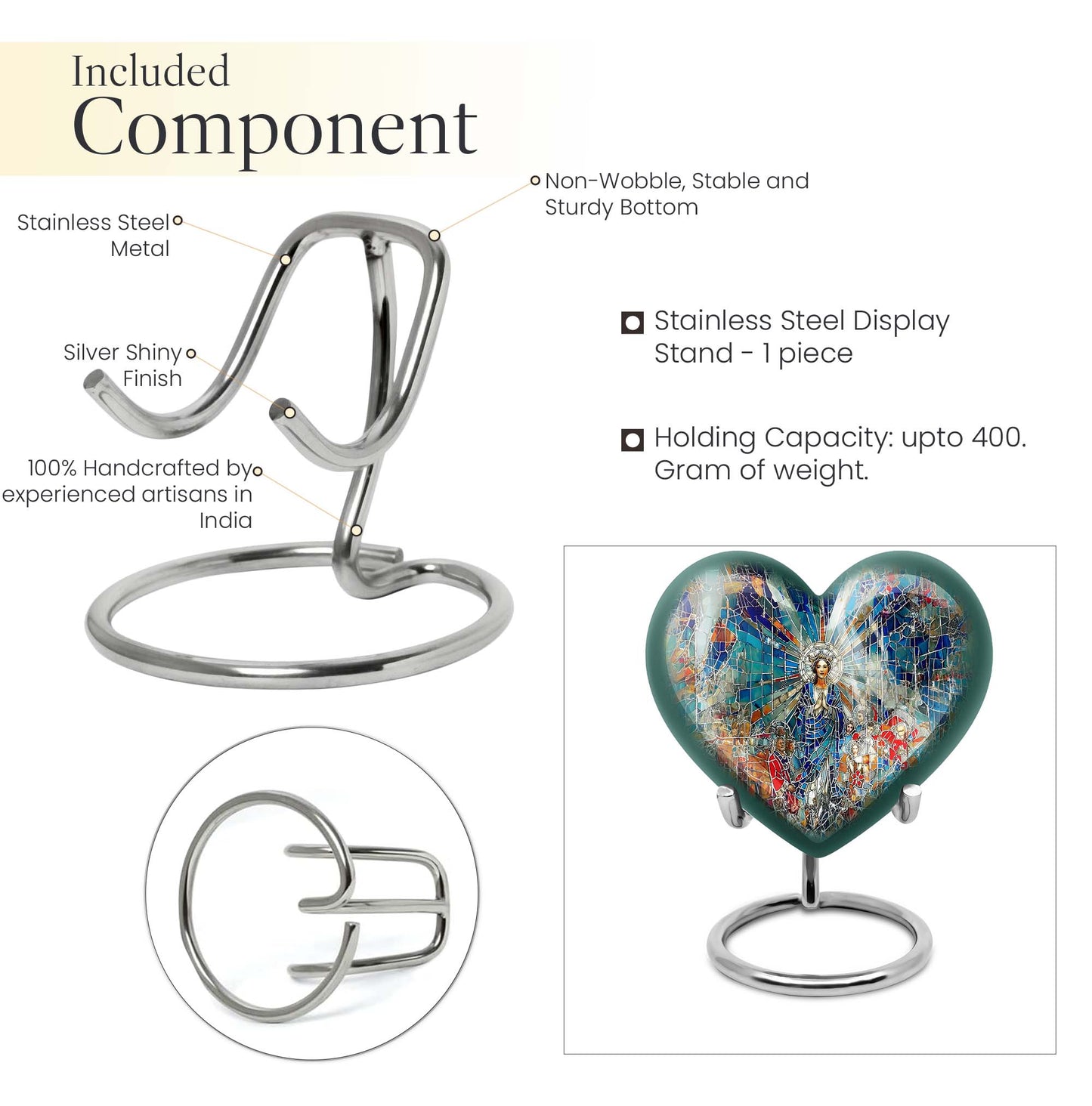 Abstract heart-design 10-inch stained glass memorial burial urn, perfect for personalized engraving