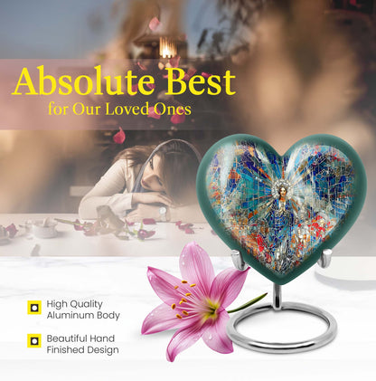 Abstract heart-design 10-inch stained glass memorial burial urn, perfect for personalized engraving