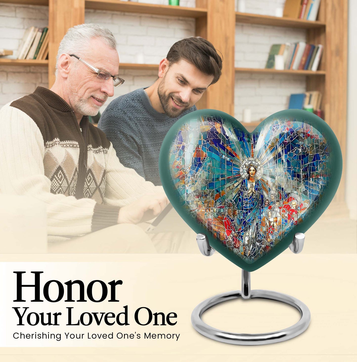 Abstract heart-design 10-inch stained glass memorial burial urn, perfect for personalized engraving