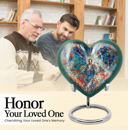 Abstract heart-design 10-inch stained glass memorial burial urn, perfect for personalized engraving