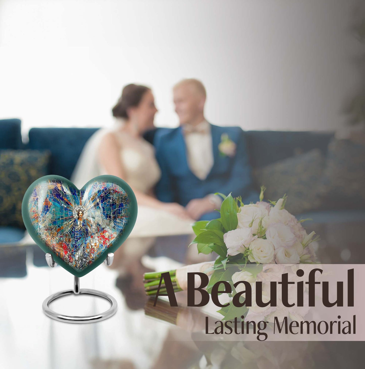 Abstract heart-design 10-inch stained glass memorial burial urn, perfect for personalized engraving