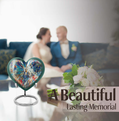 Abstract heart-design 10-inch stained glass memorial burial urn, perfect for personalized engraving