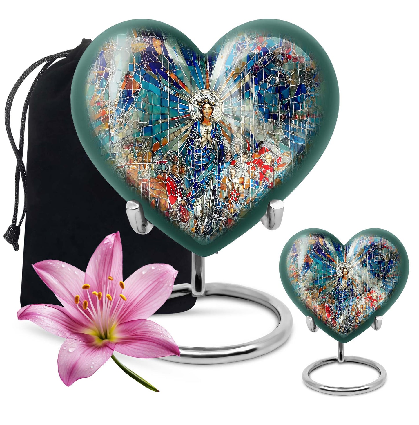 Abstract heart-design 10-inch stained glass memorial burial urn, perfect for personalized engraving