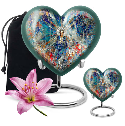 Abstract heart-design 10-inch stained glass memorial burial urn, perfect for personalized engraving