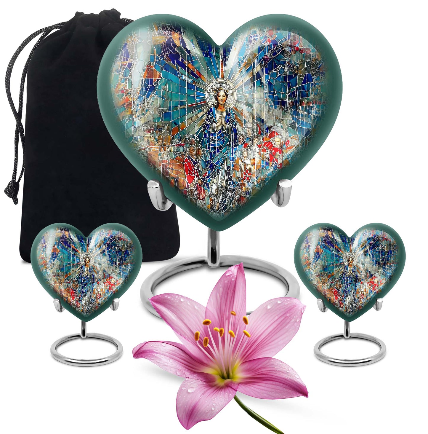 Abstract heart-design 10-inch stained glass memorial burial urn, perfect for personalized engraving