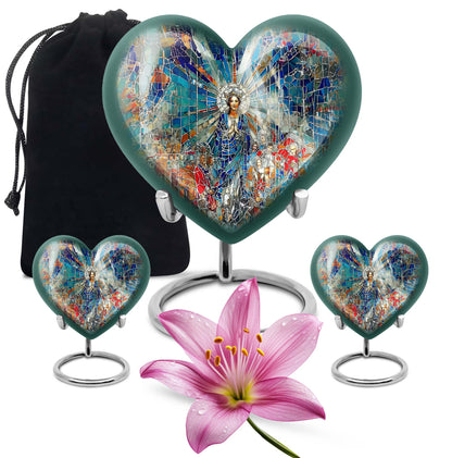 Abstract heart-design 10-inch stained glass memorial burial urn, perfect for personalized engraving