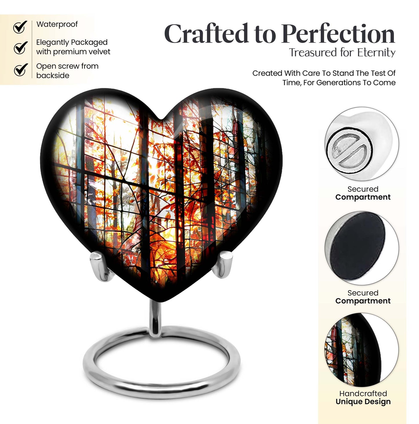 Heart-shaped, 10-inch stained glass memorial urn