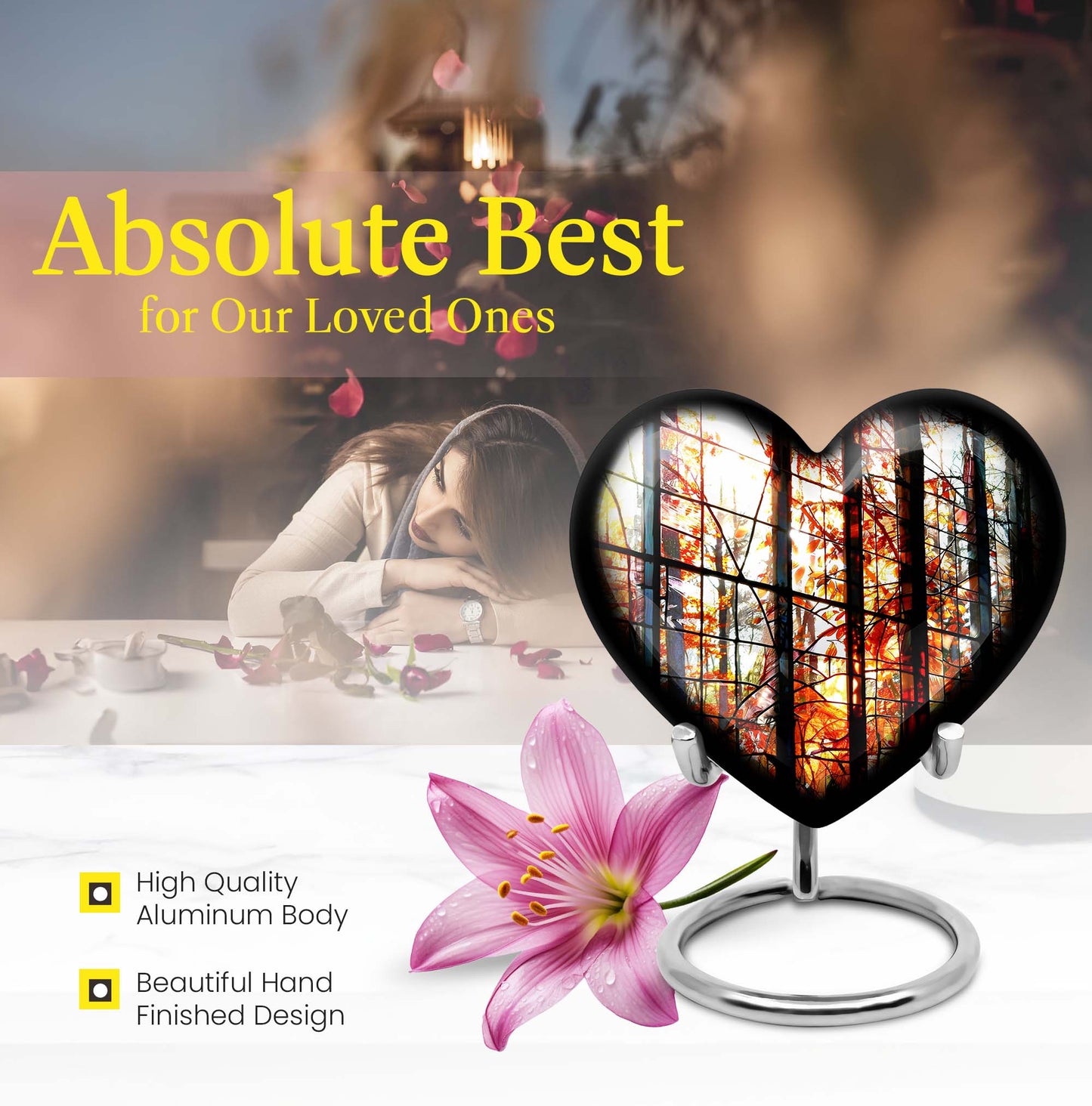 Heart-shaped, 10-inch stained glass memorial urn