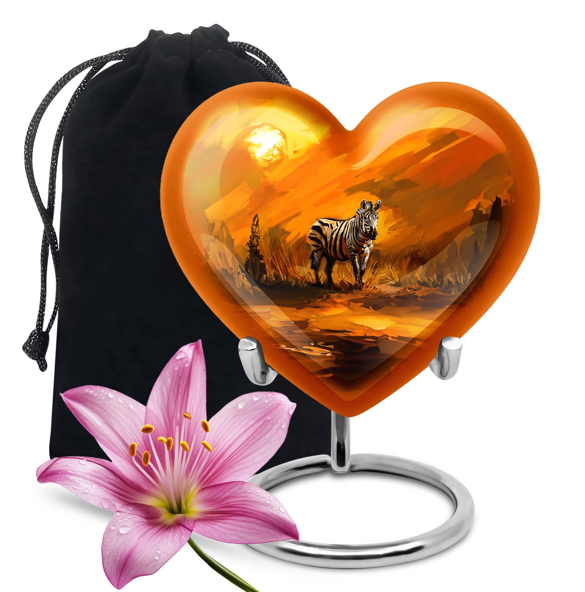10-inch zebra urn for adult human ashes with heart design, aluminium made, customisable engraving