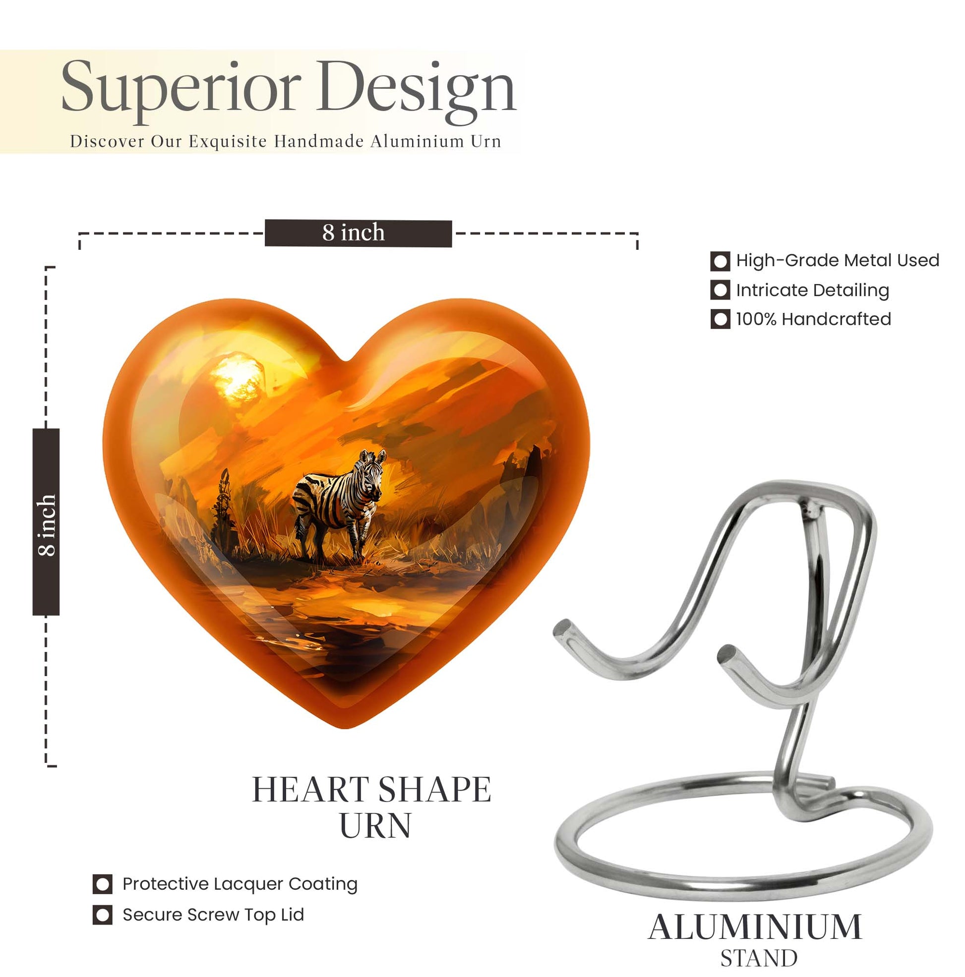 10-inch zebra urn for adult human ashes with heart design, aluminium made, customisable engraving
