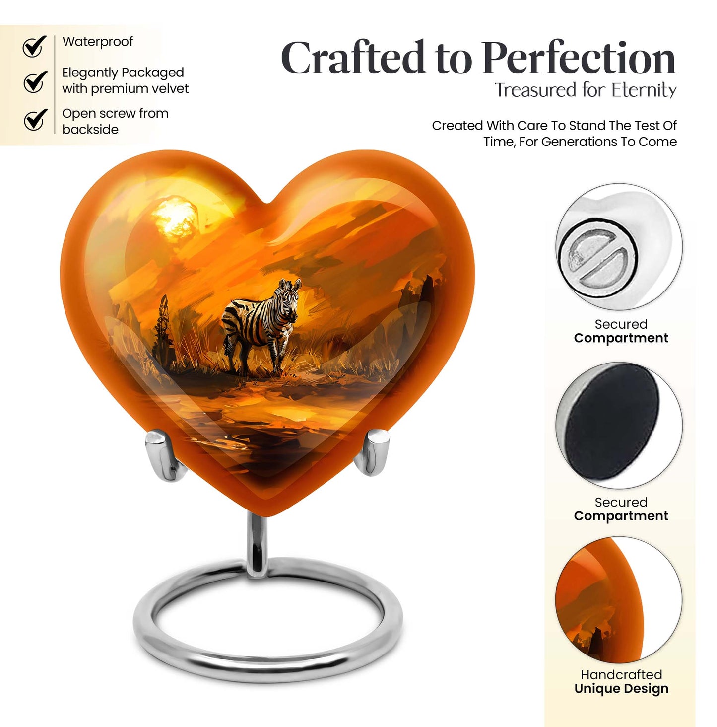 10-inch zebra urn for adult human ashes with heart design, aluminium made, customisable engraving